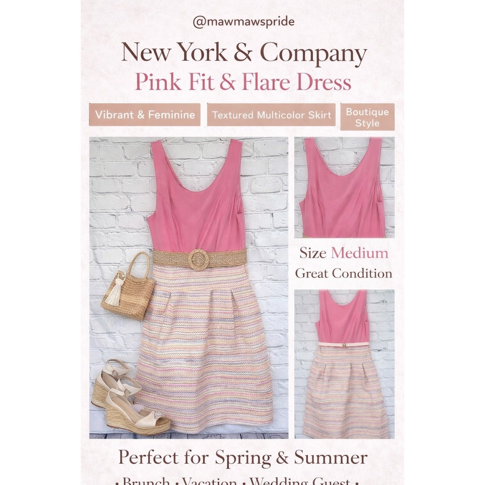 New York & Company‎ Pink Fit & Flare Dress Medium Colorful Textured Skirt Summer